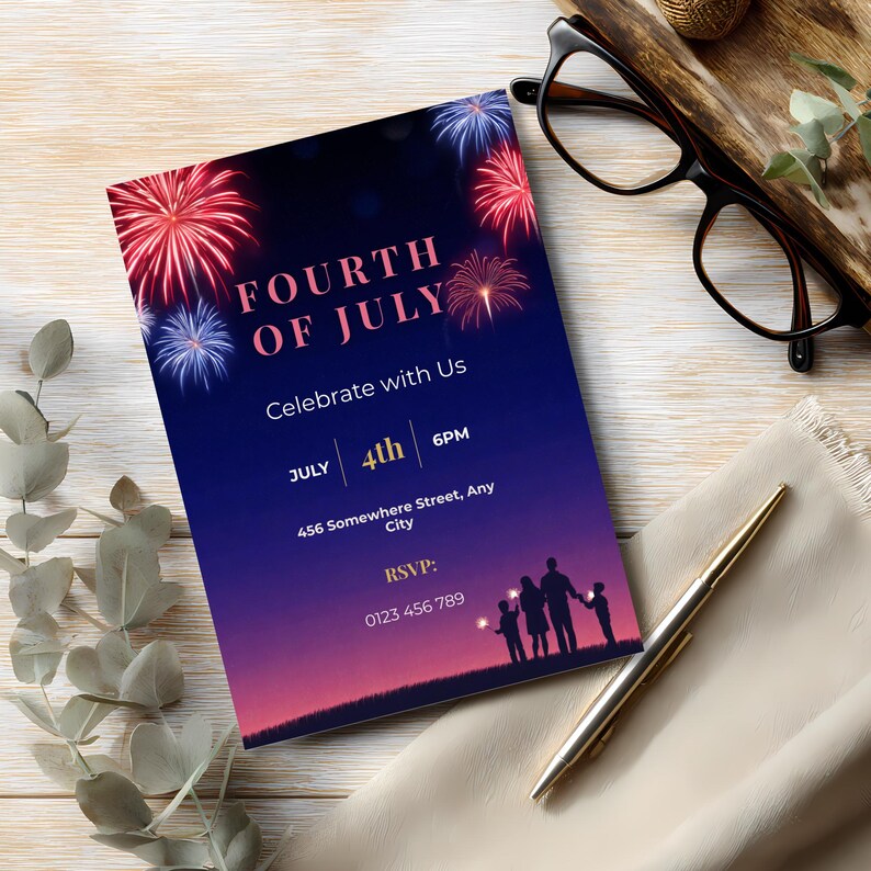 Editable patriotic invitation template with fireworks night theme and modern Fourth of July celebration design
