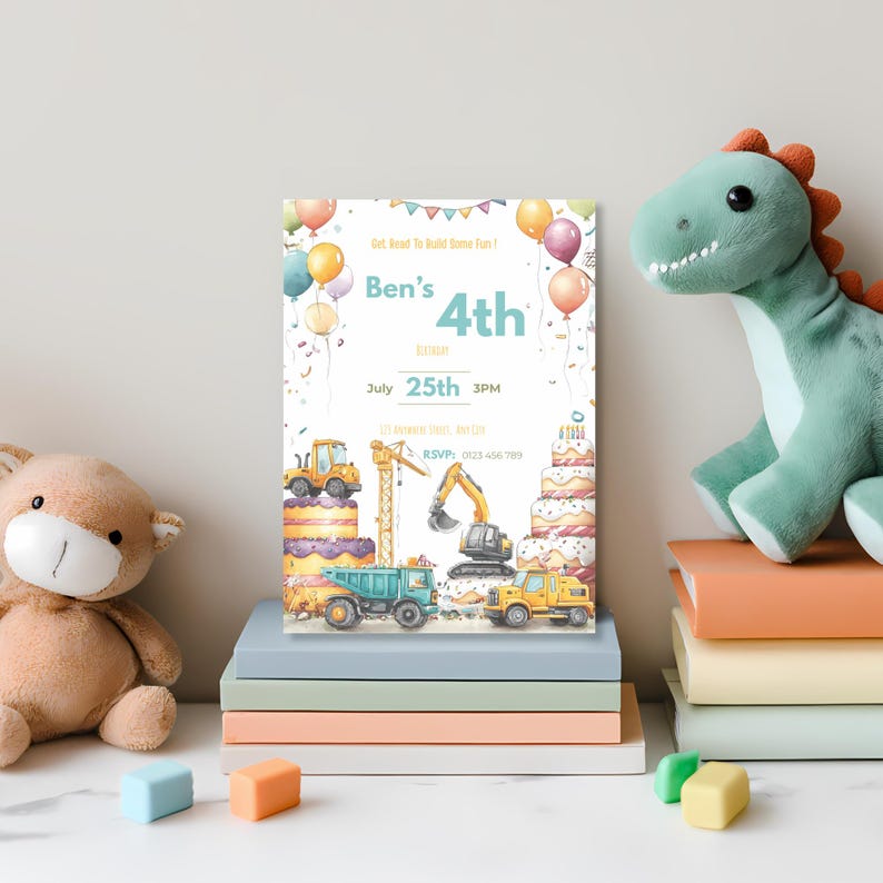 Printable construction birthday party invitation for toddlers with colorful trucks and balloons