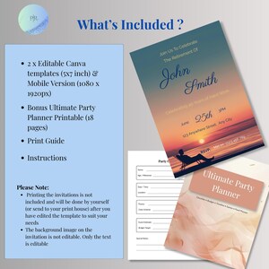 What's included in retirement invitation for him digital download — 2 editable Canva templates 5x7 inch and mobile 1080x1920, free 18-page party planner, print guide and instructions
