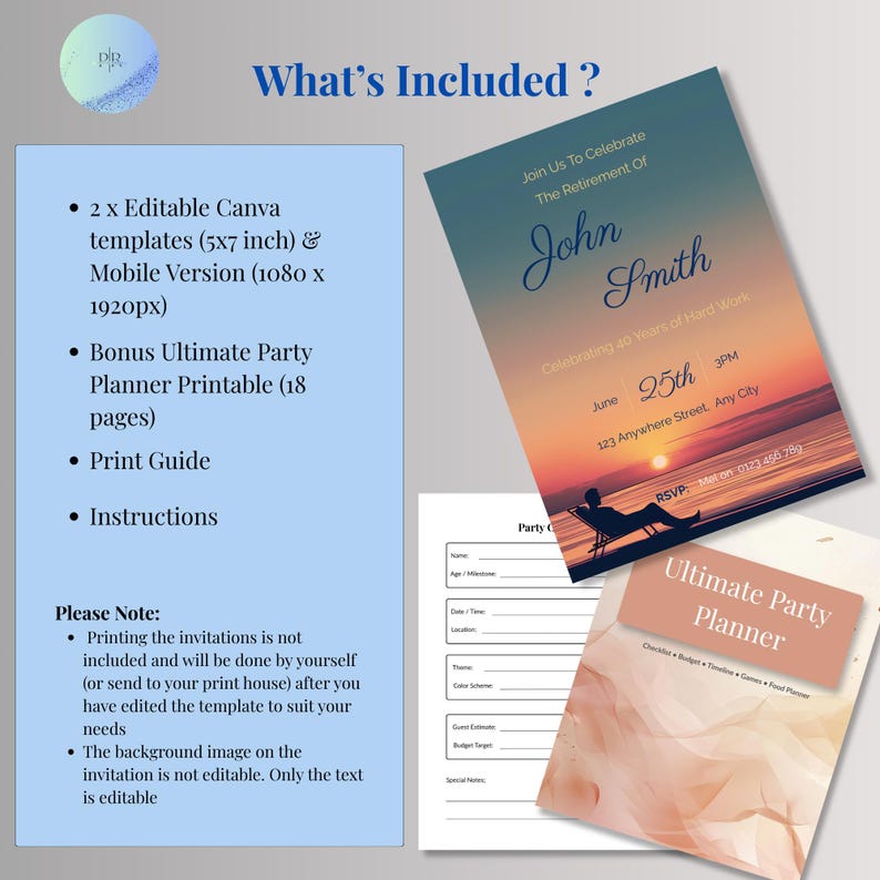 What's included in retirement invitation for him digital download — 2 editable Canva templates 5x7 inch and mobile 1080x1920, free 18-page party planner, print guide and instructions