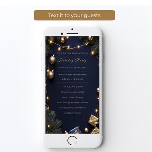 Work holiday party evite on a phone screen, 1080x1920 mobile digital invitation to text or email to coworkers, editable in Canva
