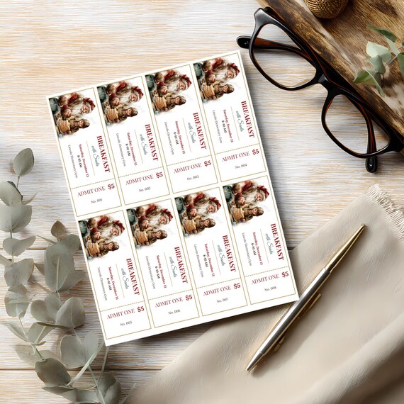 Printable Breakfast with Santa admission tickets, 8 per page with numbered stubs