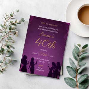 ditable purple surprise birthday party invitation Canva template for women elegant milestone birthday invite printable digital
