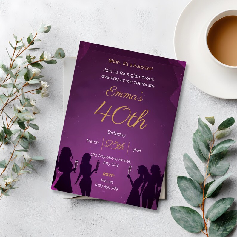 ditable purple surprise birthday party invitation Canva template for women elegant milestone birthday invite printable digital