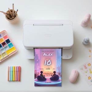 Gaming birthday invitation template printing from a home printer, showing how to print the editable Canva design at home or at a print shop