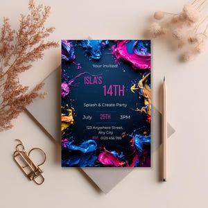 Creative art themed birthday invitation with colorful paint splatter border on dark background, printable or digital Canva invite