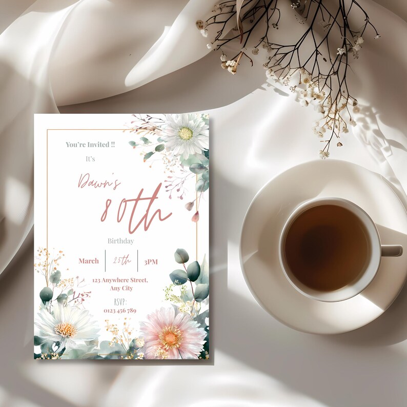 Elegant 80th birthday invitation with pastel floral botanical theme, editable Canva template for milestone birthday celebration