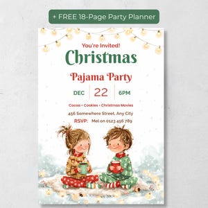 Editable Christmas pajama party invitation with watercolor children in Christmas pajamas holding hot cocoa under string lights, plus a free 18-page party planner