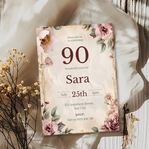 Elegant 90th Birthday Invitation • Editable Vintage Floral Template • Feminine Birthday Invite • Instant Download Printable image 4