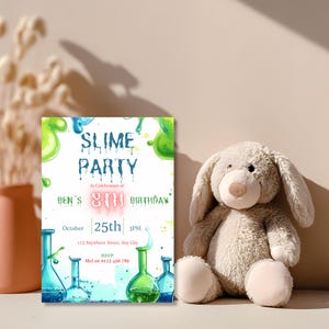 Slime party invitation propped beside a stuffed teddy bear, editable boy's birthday invite with a science theme