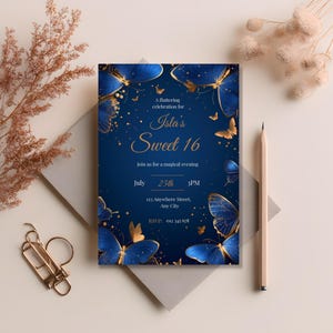 Editable butterfly Sweet 16 invitation with delicate gold accents