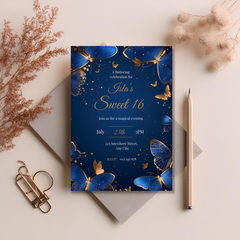 Editable butterfly Sweet 16 invitation with delicate gold accents