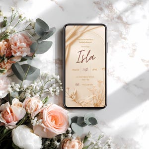 Elegant neutral bridal shower invitation with soft botanical elements, instant download Canva template