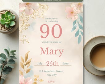 90th Birthday Invitation Template | Editable Canva Invite | Printable 90th Birthday Party Invitation | 90th Birthday Invite for Women