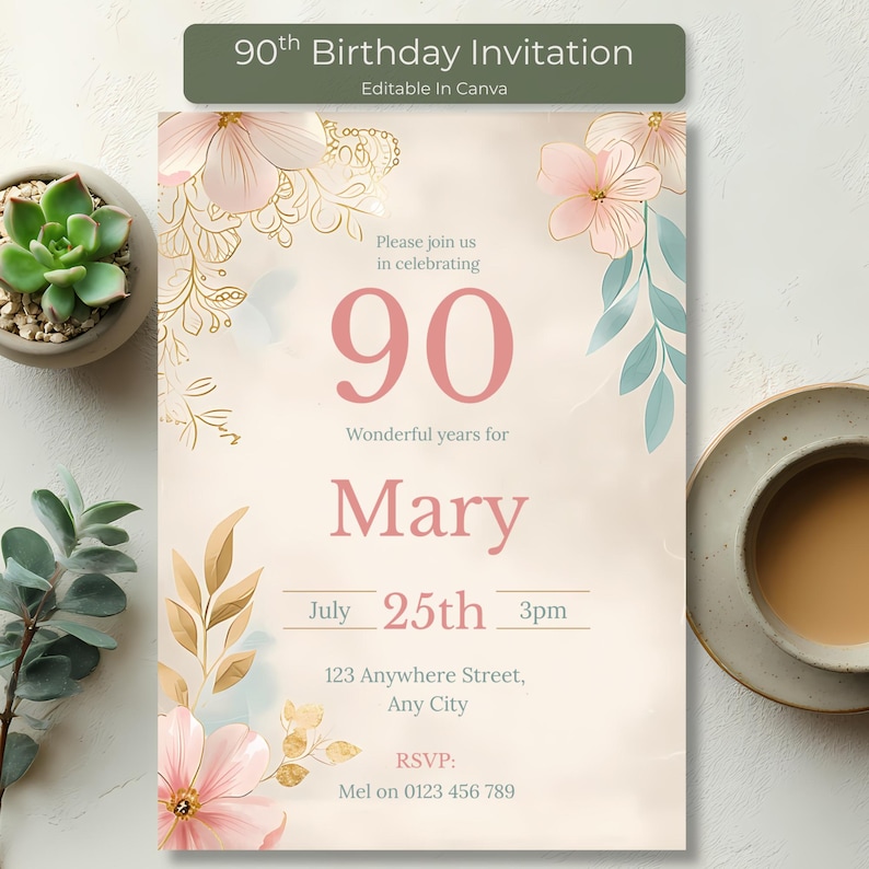 ditable 90th birthday invitation template with elegant floral design, blush pink flowers and gold accents, Canva instant download birthday party invite for women