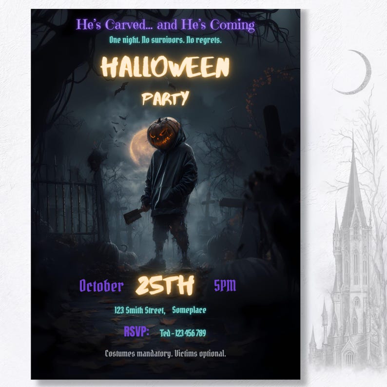Horror Halloween party invitation template, cinematic graveyard scene with pumpkin head figure, editable in free Canva, print-ready 5x7 digital invite