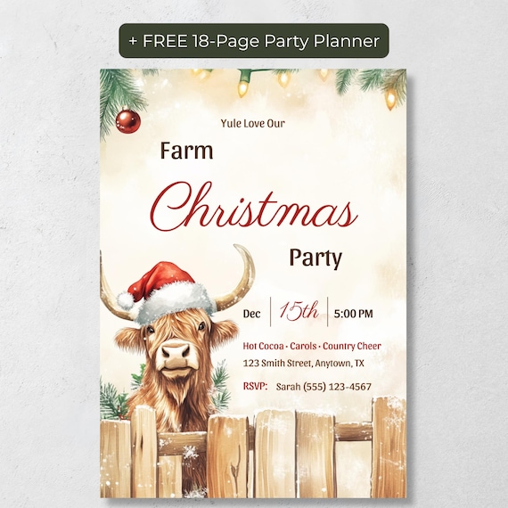 Editable Highland Cow Christmas Party Invitation