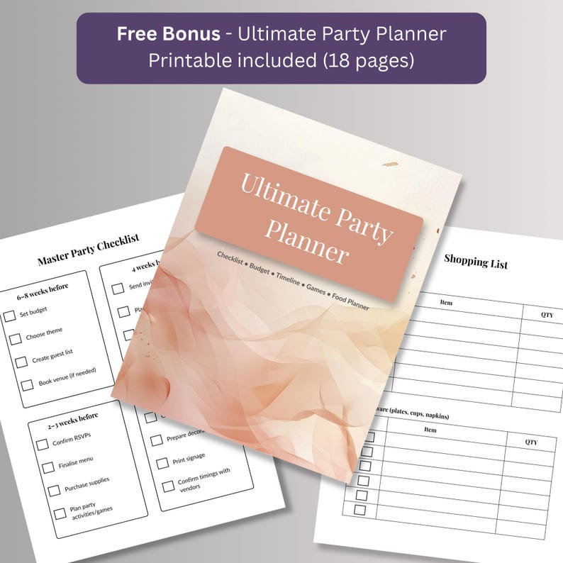 Free bonus Ultimate Party Planner printable, 18 pages including master party checklist and shopping list pages