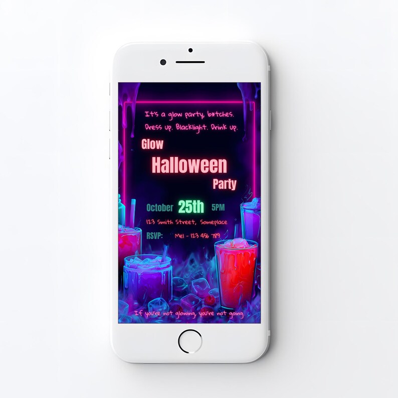 Halloween party invitation shown on iPhone screen editable digital download send by text or email