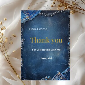 Editable denim and diamonds birthday thank you card template featuring bold headline text, denim texture design and decorative sparkle accents for party theme