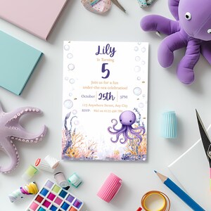 May include: A birthday invitation with an under-the-sea theme. The invitation features a purple octopus illustration, coral, and bubbles. The text reads "Lily is turning 5" and includes party details.