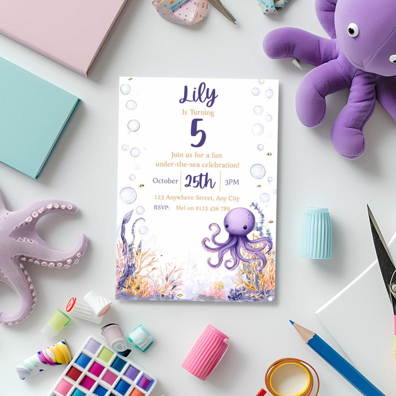 May include: A birthday invitation with an under-the-sea theme. The invitation features a purple octopus illustration, coral, and bubbles. The text reads "Lily is turning 5" and includes party details.