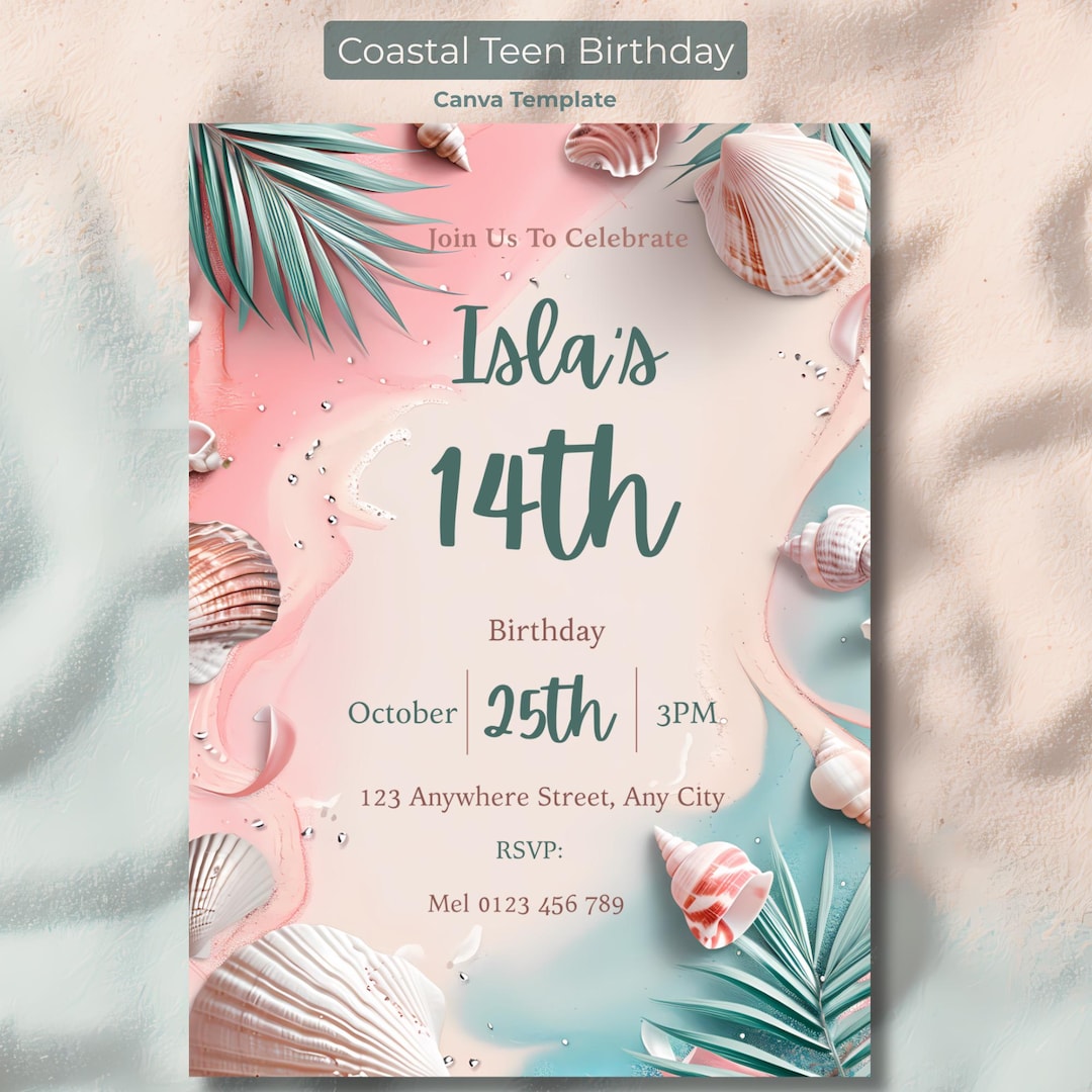 Coastal teen birthday invitation template with pastel beach design