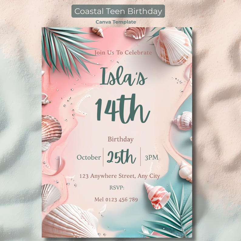 Coastal teen birthday invitation template with pastel beach design, seashells and palm leaves, editable Canva invite for teen girl birthday party