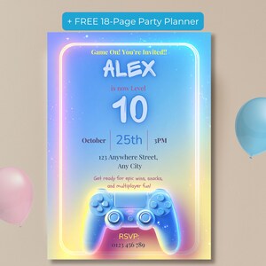 Arcade birthday invitation editable Canva template with free 18 page party planner bonus, neon gamer design