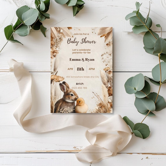 Boho Bunny & Chick Baby Shower Invitation