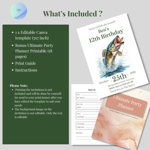 What's included graphic showing editable Canva template, bonus party planner, print guide, and instructions