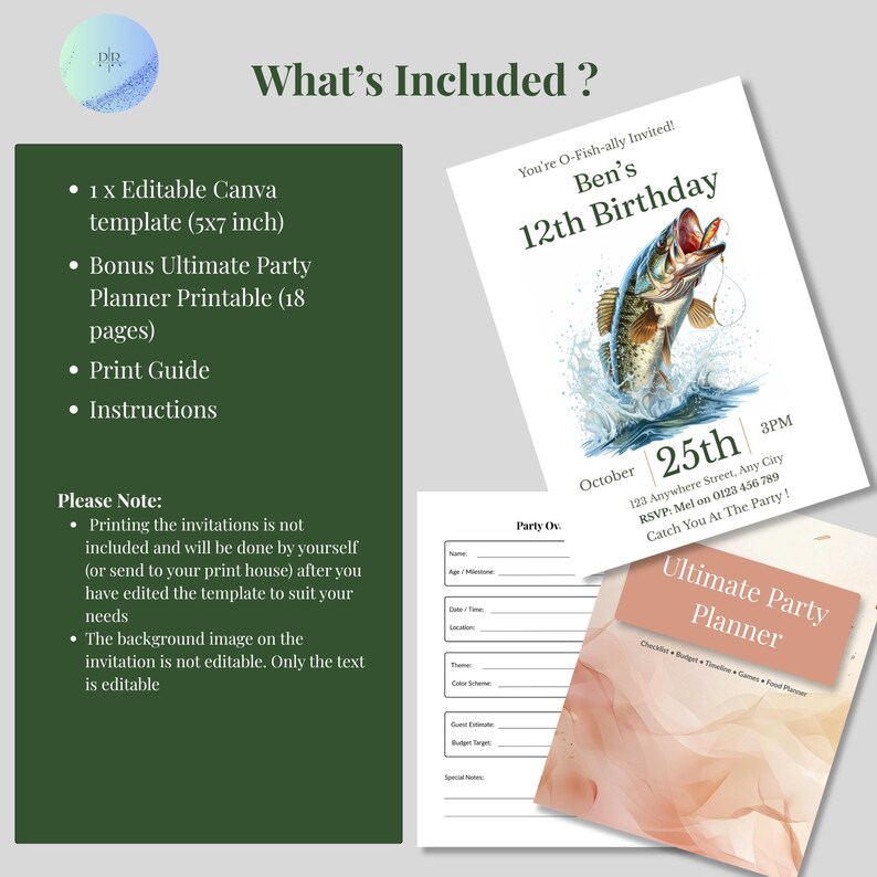 What's included graphic showing editable Canva template, bonus party planner, print guide, and instructions