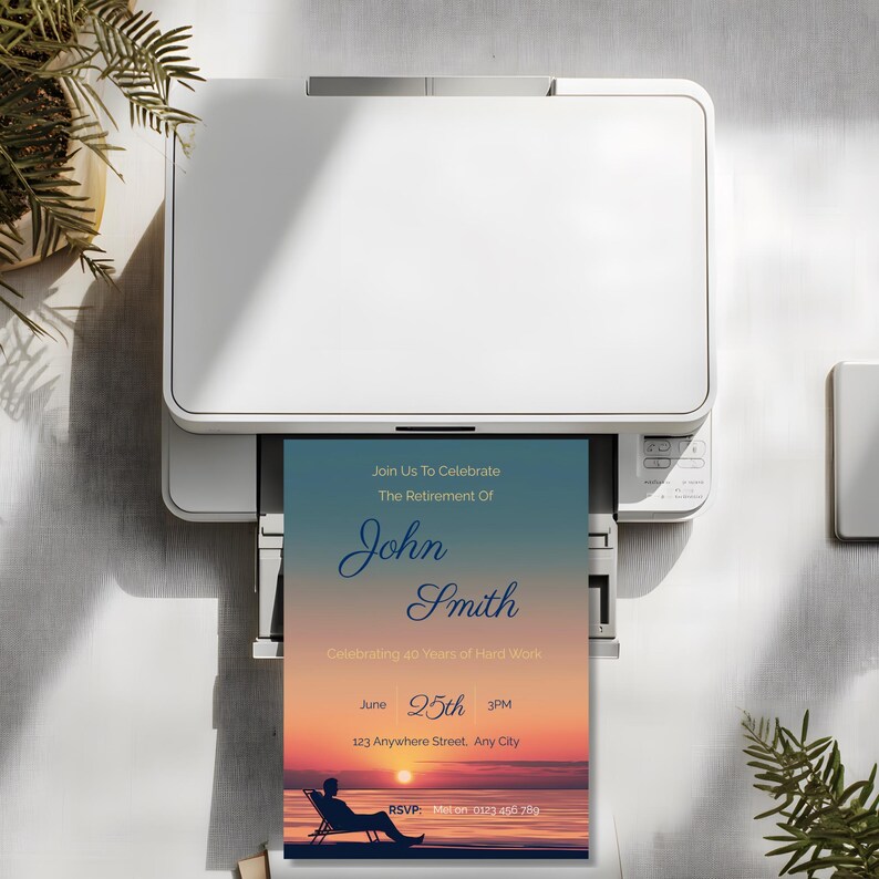 Retirement party invitation printing from a white home printer, beach sunset design with male silhouette, print at home retirement invite template, instant download Canva