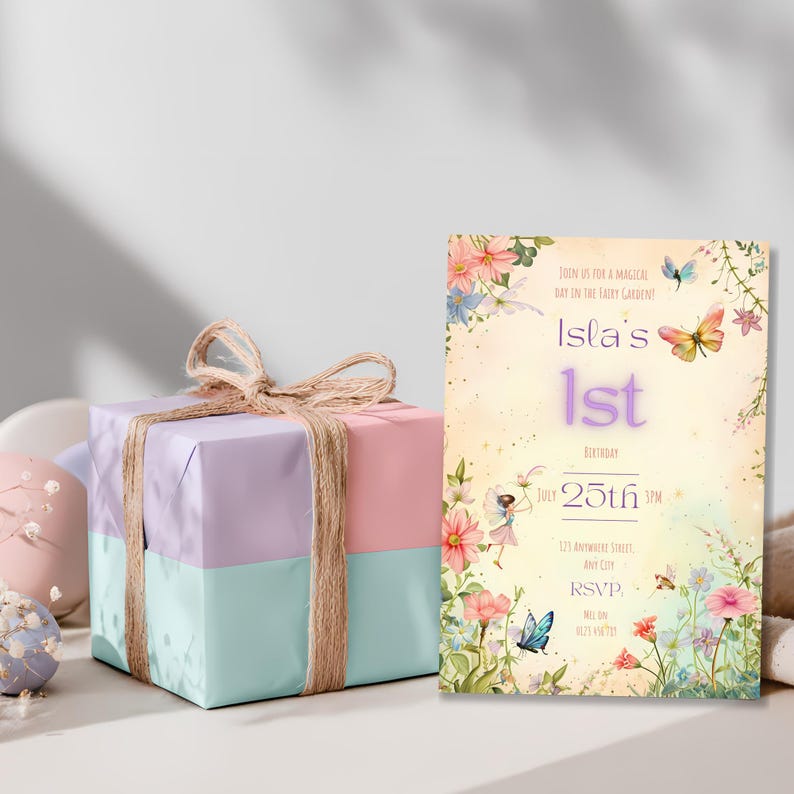 Fairy garden birthday invitation Canva template displayed next to a pastel pink, purple and teal wrapped gift with twine bow, showing the enchanted botanical floral design with fairy and butterfly details