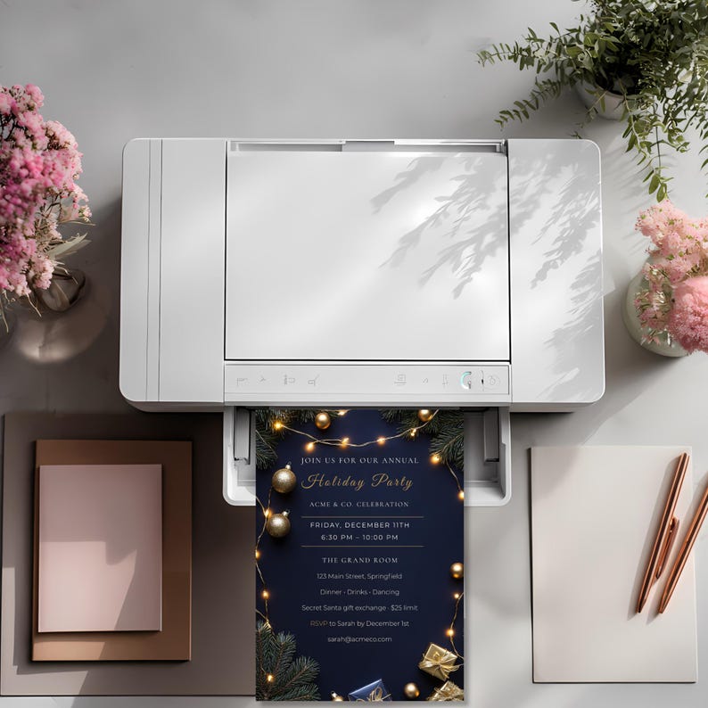 Printable navy and gold staff Christmas party invitation coming out of a printer, print at home, at the office or at a print shop