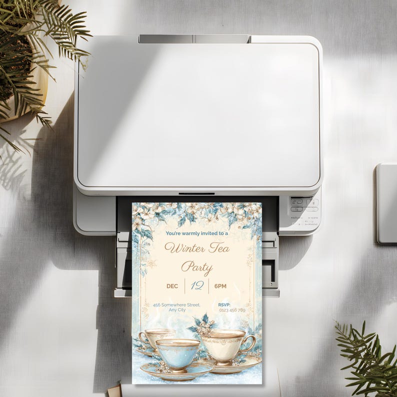 Printed winter tea party invitation coming out of a home printer, showing the template ready for at-home printing.