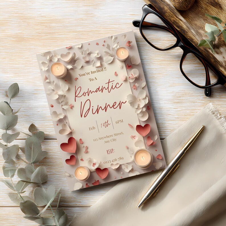 May include: A romantic dinner invitation with the text "You're Invited!! To A Romantic Dinner" in a decorative font. The invitation includes the date, time, and RSVP information. The design features hearts, flowers, and candles.