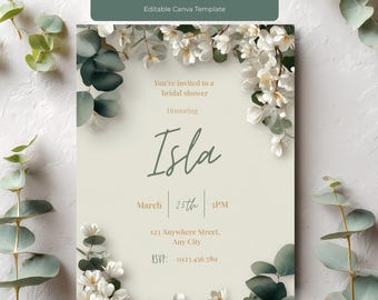 Minimalist Bridal Shower Invitation Template, Botanical White Floral Canva Invite, Editable Printable