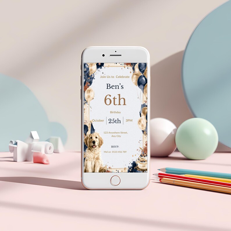 Puppy birthday invitation mobile version displayed on smartphone screen, 1080x1920 digital invite for texting
