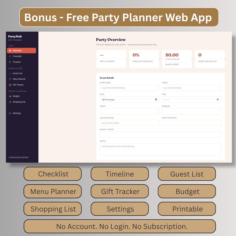 Free bonus party planner web app with checklist, timeline, guest list, menu planner, gift tracker, budget and shopping list, no account or login needed