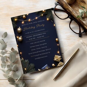 May include: A dark blue rectangular holiday party invitation card featuring gold text, pine branches, string lights, and gold ornaments. The text reads: Join us for our annual Holiday Party, Acme & Co. Celebration, Friday, December 11th, 6:30 PM - 10:00 PM, The Grand Room, 123 Main Street, Springfield, Dinner - Drinks - Dancing, Secret Santa gift exchange - $25 limit, RSVP to Sarah by December 1st, sarah@acmeco.com.