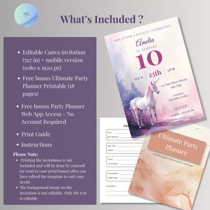 What's included: editable Canva unicorn invitation 5x7 plus mobile version, free bonus 18-page printable party planner, free party planner web app, print guide and instructions