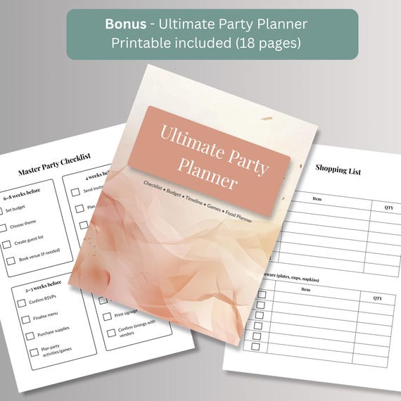 Close-up of the free bonus 18-page Ultimate Party Planner printable, including checklist and shopping list pages