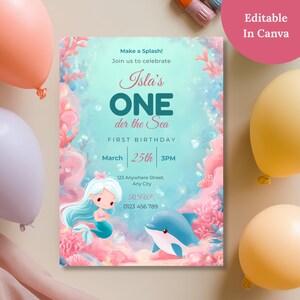 Editable Oneder the Sea birthday invitation in Canva on a table with pastel balloons, showing Isla’s ONE der the Sea first birthday wording.