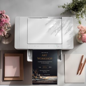 Creative workshop invitation template with realistic artist tools paint palette and moody studio background