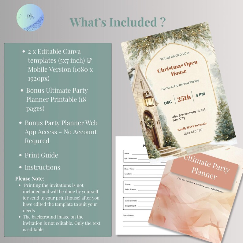 Christmas Open House invitation Canva template details: two sizes, mobile version, and free party planner bonuses