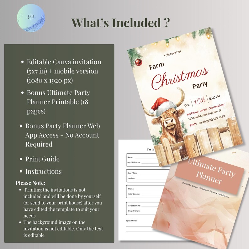 What's included: editable Canva highland cow Christmas invitation in 5x7 and 1080x1920 phone sizes, free printable party planner, free party planner web app, print guide and instructions