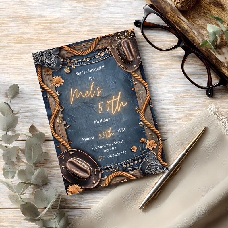 Rustic Western Chic Denim And Diamonds Invitation, Editable Birthday Party Invite, Canva Template, Cowboy Rodeo Theme image 4