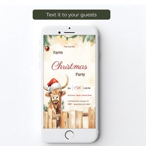 Highland cow Christmas party evite on a smartphone screen, ready to text to party guests