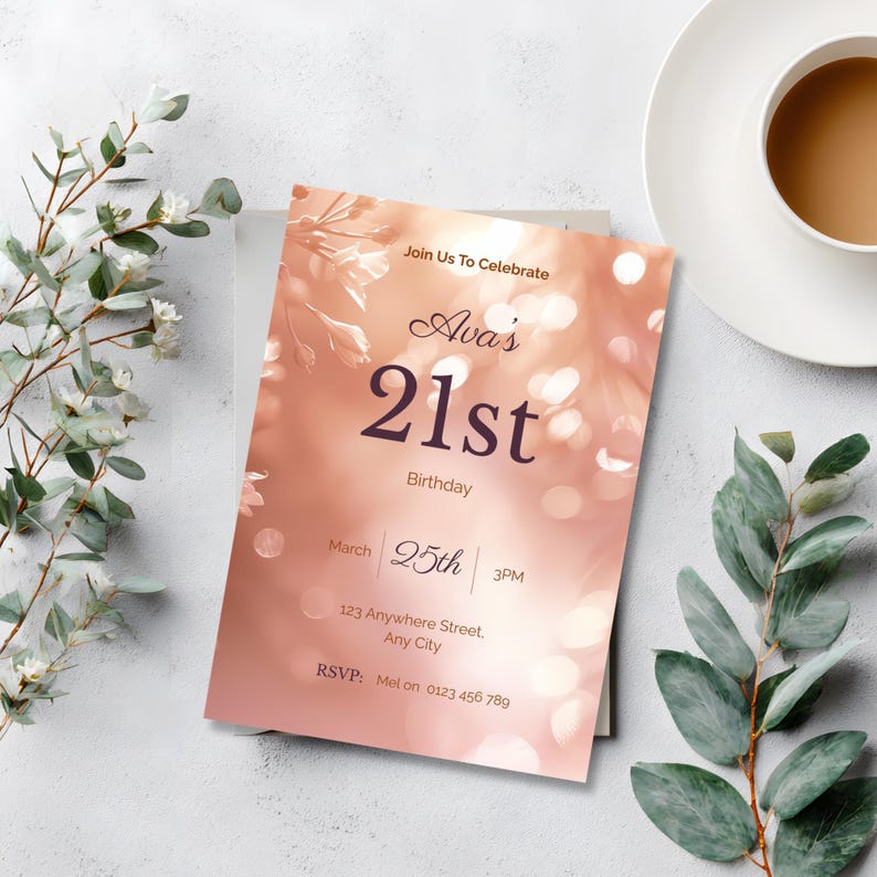Soft peach floral 21st birthday invitation editable in Canva with modern feminine design
